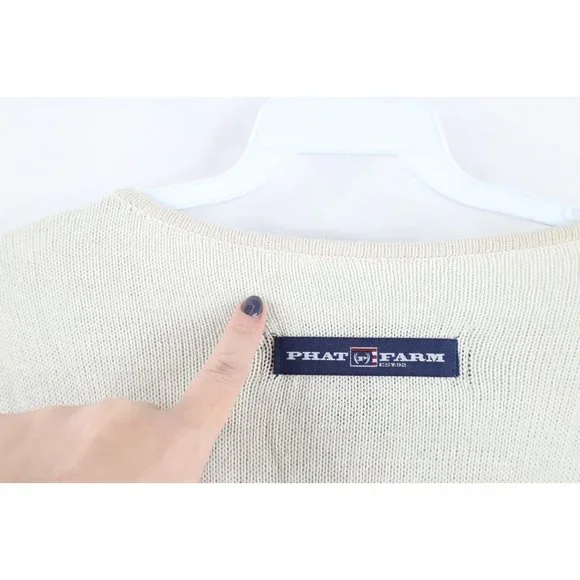 NOS Vtg Phat Farm Mens 2XL Striped Spell Out Script Marled Knit Sweater Cream